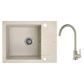 Maranello set zlewozmywak granitowy beż 44x57 cm, 1-komora+1/2 ociekacza, bateria, syfon