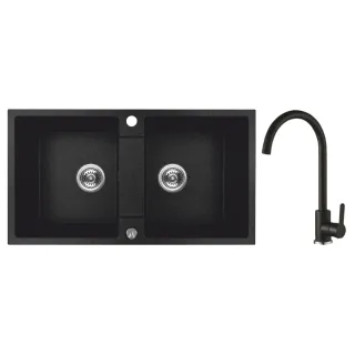 Maranello set zlewozmywak granitowy czarny 44x76 cm, 1-komora+ociekacz, bateria, syfon