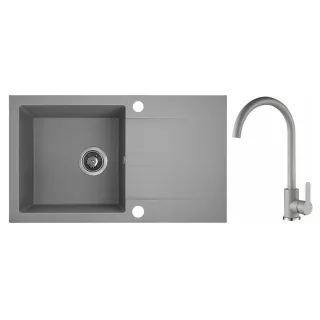 Maranello set zlewozmywak granitowy szary 44x76 cm, 1-komora+ociekacz, bateria, syfon