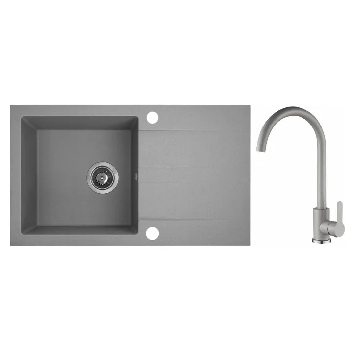 Maranello set zlewozmywak granitowy szary 44x76 cm, 1-komora+ociekacz, bateria, syfon