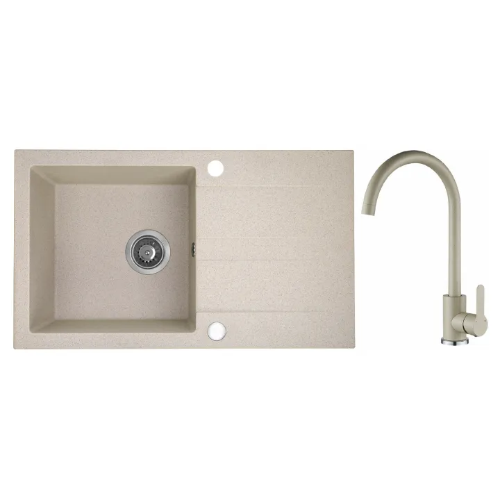 Maranello set zlewozmywak granitowy beż 44x76 cm, 1-komora+ociekacz, bateria, syfon