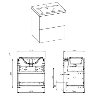 Frame komplet umywalka + szafka 50 cm 2-szufladowa biały połysk podwieszany