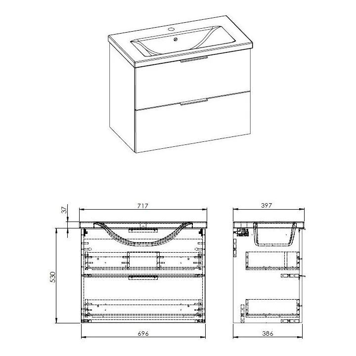 Frame komplet umywalka + szafka 70 cm 2-szufladowa biały połysk podwieszany