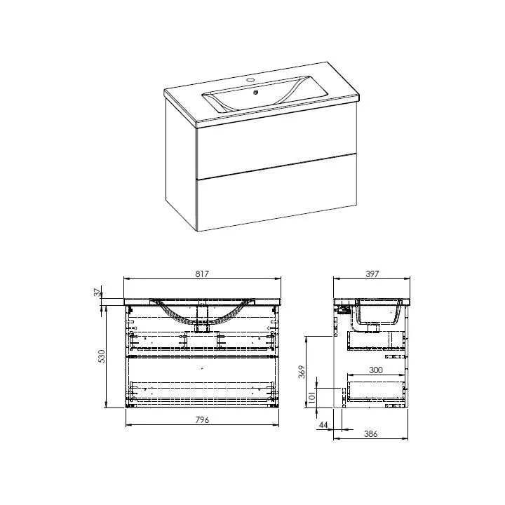 Frame komplet umywalka + szafka 80 cm 2-szufladowa dąb canela podwieszany