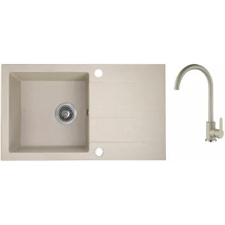 Maranello set zlewozmywak granitowy beż 44x76 cm, 1-komora+ociekacz, bateria, syfon