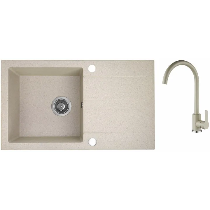 Maranello set zlewozmywak granitowy beż 44x76 cm, 1-komora+ociekacz, bateria, syfon