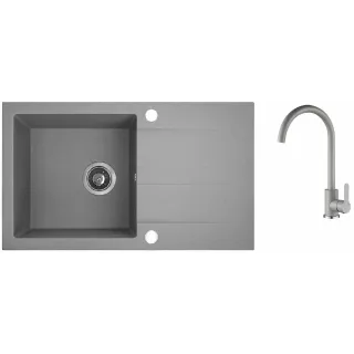 Maranello set zlewozmywak granitowy szary 44x76 cm, 1-komora+ociekacz, bateria, syfon