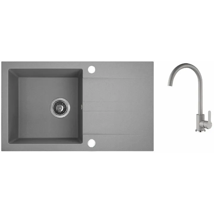 Maranello set zlewozmywak granitowy szary 44x76 cm, 1-komora+ociekacz, bateria, syfon