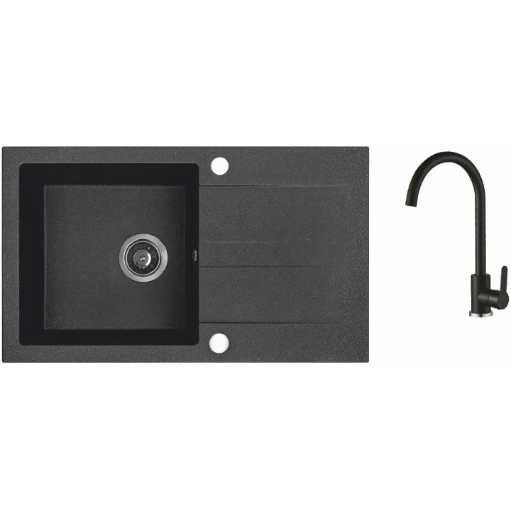 Maranello set zlewozmywak granitowy czarny 44x76 cm, 1-komora+ociekacz, bateria, syfon