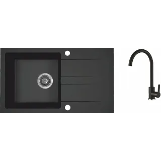 Maranello set zlewozmywak granitowy czarny mono 44x76 cm, 1-komora+ociekacz, bateria, syfon