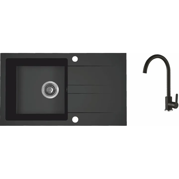 Maranello set zlewozmywak granitowy czarny mono 44x76 cm, 1-komora+ociekacz, bateria, syfon