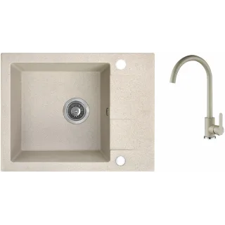 Maranello set zlewozmywak granitowy beż 44x57 cm, 1-komora+1/2 ociekacza, bateria, syfon