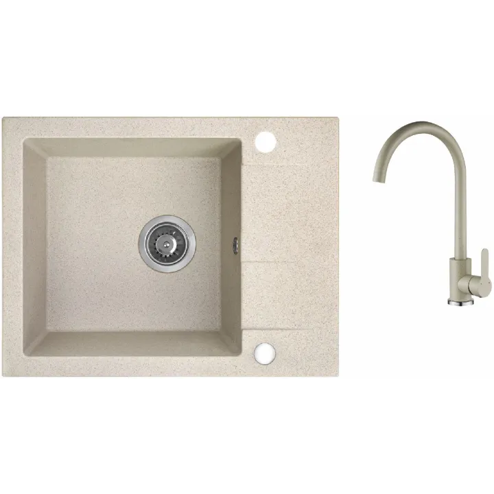 Maranello set zlewozmywak granitowy beż 44x57 cm, 1-komora+1/2 ociekacza, bateria, syfon
