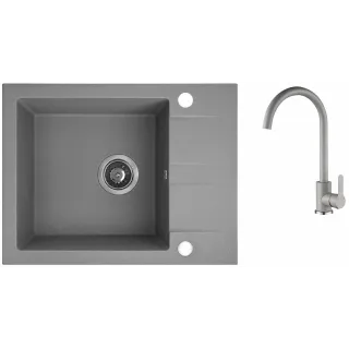 Maranello set zlewozmywak granitowy szary 44x57 cm, 1-komora+1/2 ociekacza, bateria, syfon