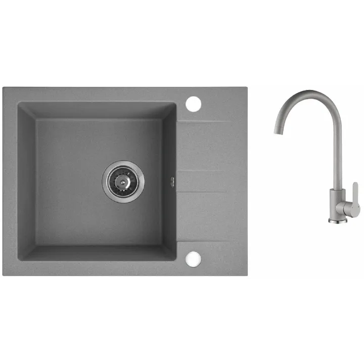 Maranello set zlewozmywak granitowy szary 44x57 cm, 1-komora+1/2 ociekacza, bateria, syfon
