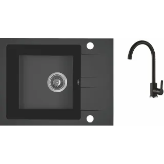Maranello set zlewozmywak granitowy czarny mono 44x57 cm, 1-komora+1/2 ociekacza, bateria, syfon