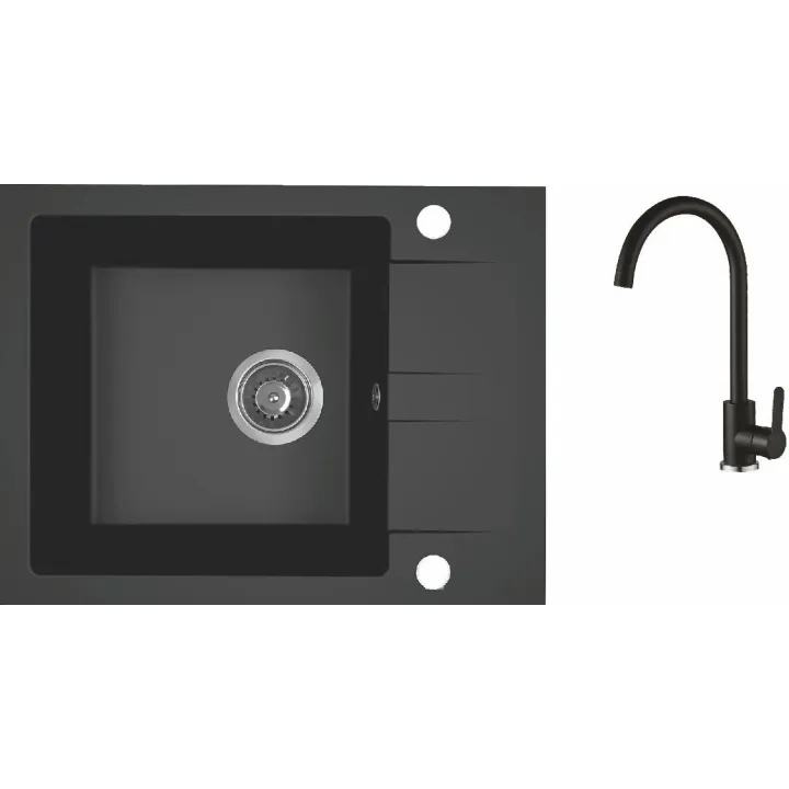 Maranello set zlewozmywak granitowy czarny mono 44x57 cm, 1-komora+1/2 ociekacza, bateria, syfon