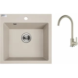 Maranello set zlewozmywak granitowy beż 49x49 cm, 1-komora, bateria, syfon