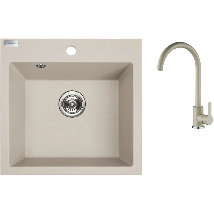 Maranello set zlewozmywak granitowy beż 49x49 cm, 1-komora, bateria, syfon