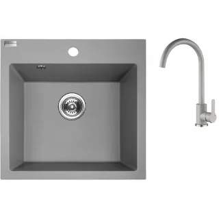 Maranello set zlewozmywak granitowy szary 49x49 cm, 1-komora, bateria, syfon