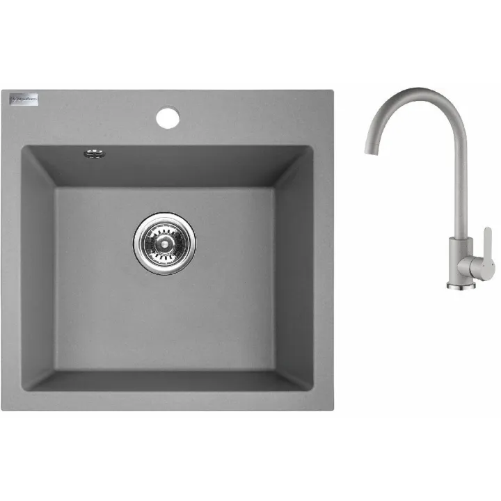 Maranello set zlewozmywak granitowy szary 49x49 cm, 1-komora, bateria, syfon