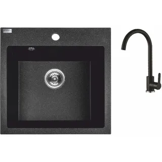 Maranello set zlewozmywak granitowy czarny 49x49 cm, 1-komora, bateria, syfon
