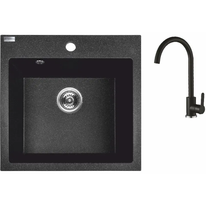 Maranello set zlewozmywak granitowy czarny 49x49 cm, 1-komora, bateria, syfon