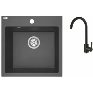 Maranello set zlewozmywak granitowy czarny mono 49x49 cm, 1-komora, bateria, syfon