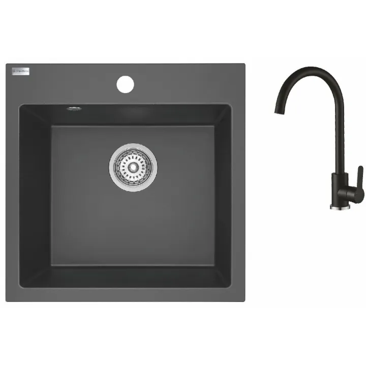 Maranello set zlewozmywak granitowy czarny mono 49x49 cm, 1-komora, bateria, syfon
