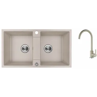 Maranello set zlewozmywak granitowy beż 44x80 cm, 2-komory, bateria, syfon