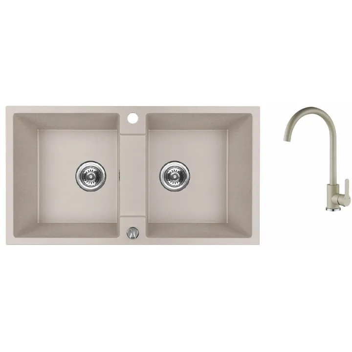 Maranello set zlewozmywak granitowy beż 44x80 cm, 2-komory, bateria, syfon