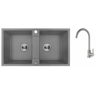 Maranello set zlewozmywak granitowy szary 44x80 cm, 2-komory, bateria, syfon