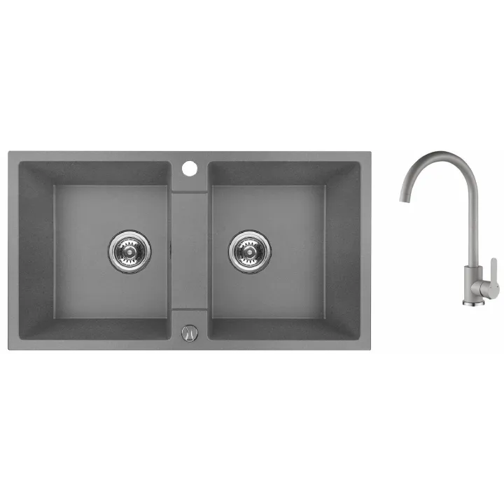 Maranello set zlewozmywak granitowy szary 44x80 cm, 2-komory, bateria, syfon