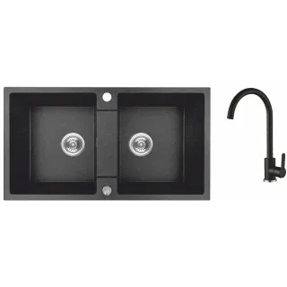 Maranello set zlewozmywak granitowy czarny 44x80 cm, 2-komory, bateria, syfon