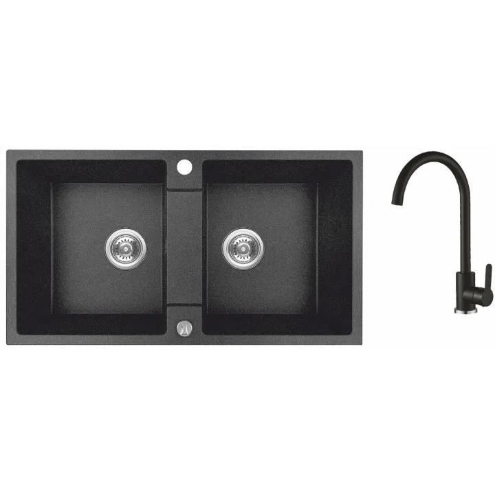 Maranello set zlewozmywak granitowy czarny 44x80 cm, 2-komory, bateria, syfon