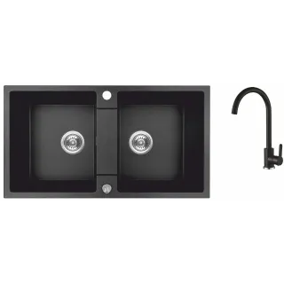 Maranello set zlewozmywak granitowy czarny mono 44x80 cm, 2-komory, bateria, syfon