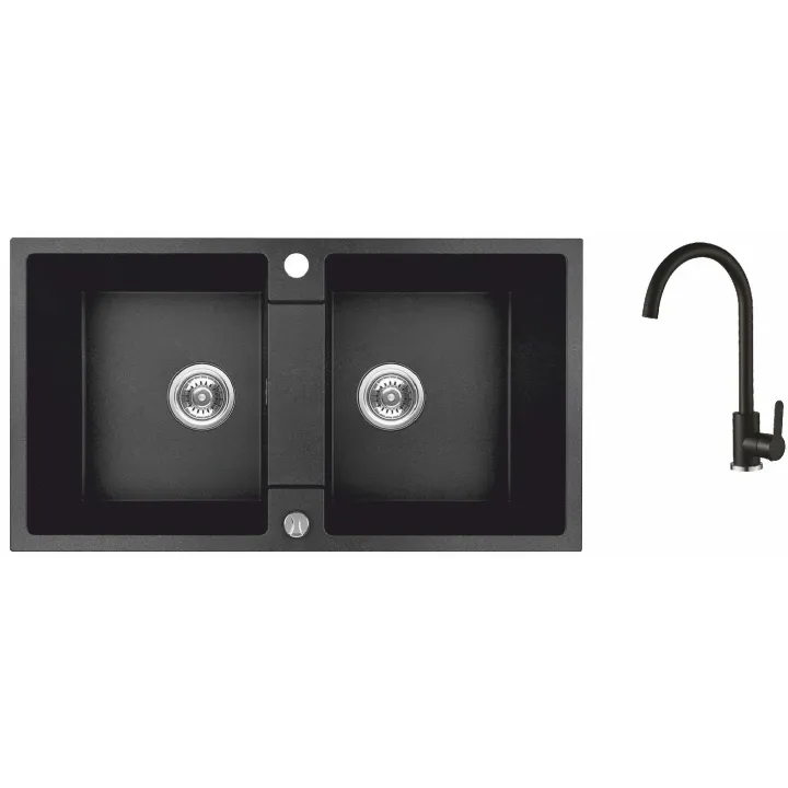 Maranello set zlewozmywak granitowy czarny mono 44x80 cm, 2-komory, bateria, syfon