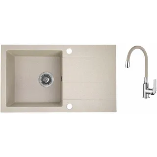 Maranello elastico zlewozmywak granitowy beż 44x76 cm, 1-komora+ociekacz, bateria elastyczna, syfon