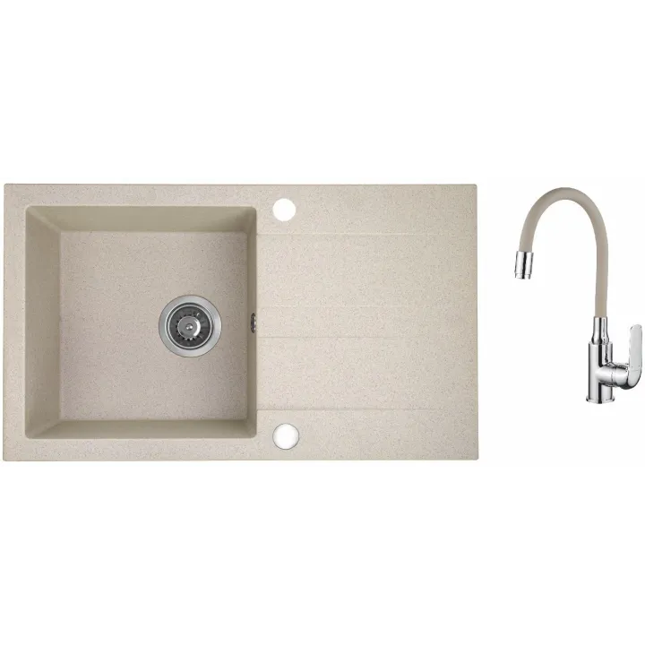 Maranello elastico zlewozmywak granitowy beż 44x76 cm, 1-komora+ociekacz, bateria elastyczna, syfon