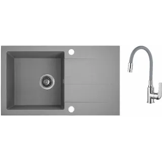 Maranello elastico zlewozmywak granitowy szary 44x76 cm, 1-komora+ociekacz, bateria elastyczna, syfon