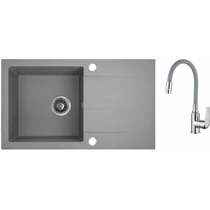 Maranello elastico zlewozmywak granitowy szary 44x76 cm, 1-komora+ociekacz, bateria elastyczna, syfon