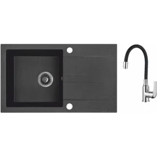 Maranello elastico zlewozmywak granitowy czarny 44x76 cm, 1-komora+ociekacz, bateria elastyczna, syfon