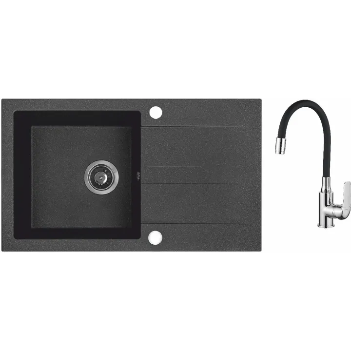 Maranello elastico zlewozmywak granitowy czarny 44x76 cm, 1-komora+ociekacz, bateria elastyczna, syfon