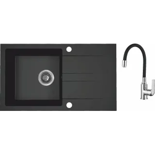 Maranello elastico zlewozmywak granitowy czarny mono 44x76 cm, 1-komora+ociekacz, bateria elastyczna, syfon