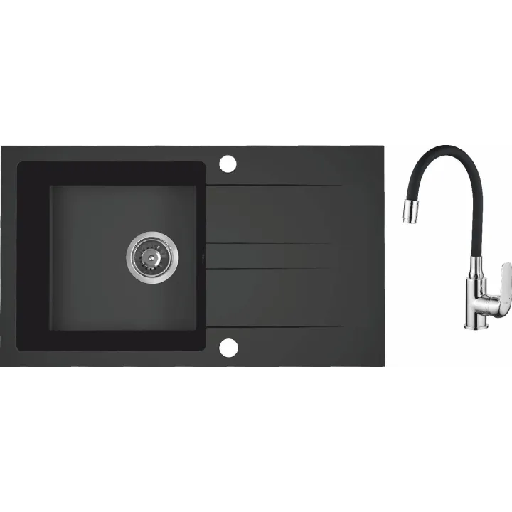 Maranello elastico zlewozmywak granitowy czarny mono 44x76 cm, 1-komora+ociekacz, bateria elastyczna, syfon