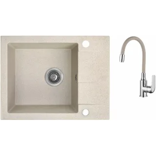Maranello elastico zlewozmywak granitowy beż 44x57 cm, 1-komora+1/2 ociekacza, bateria elastyczna, syfon