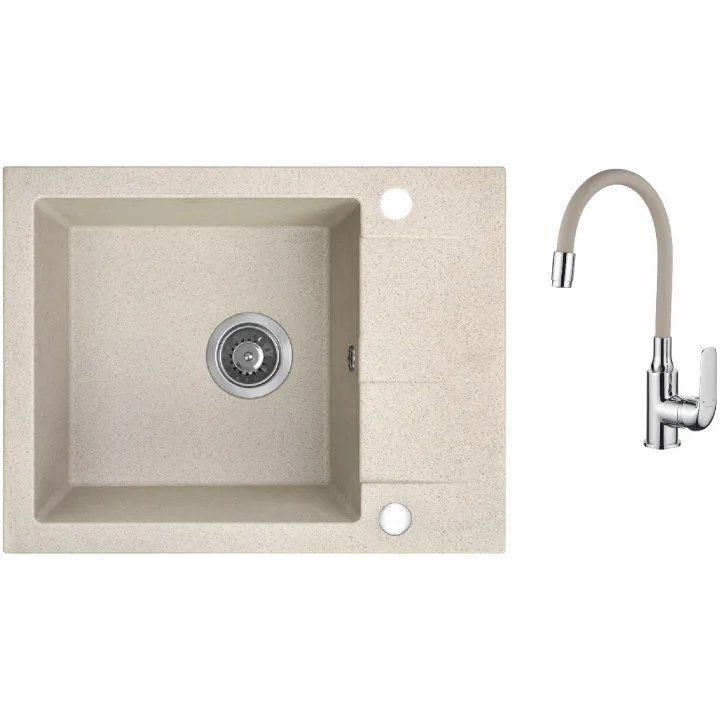 Maranello elastico zlewozmywak granitowy beż 44x57 cm, 1-komora+1/2 ociekacza, bateria elastyczna, syfon