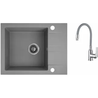 Maranello elastico zlewozmywak granitowy szary 44x57 cm, 1-komora+1/2 ociekacza, bateria elastyczna, syfon