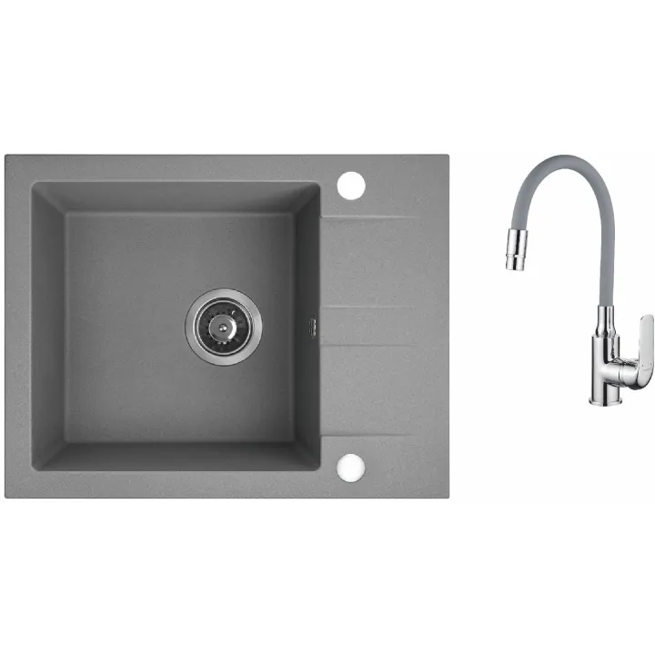 Maranello elastico zlewozmywak granitowy szary 44x57 cm, 1-komora+1/2 ociekacza, bateria elastyczna, syfon