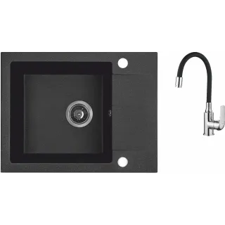 Maranello elastico zlewozmywak granitowy czarny 44x57 cm, 1-komora+1/2 ociekacza, bateria elastyczna, syfon